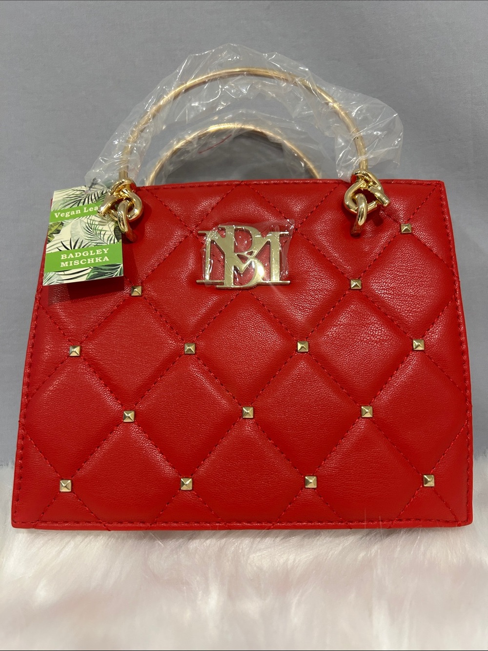 Badgley Mischka Red Quilted Studded Top-Handle Bag